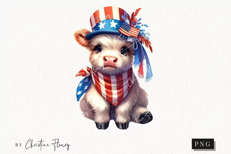 Watercolor Patriotic Highland Cow Clipart | 4th Of July PNG