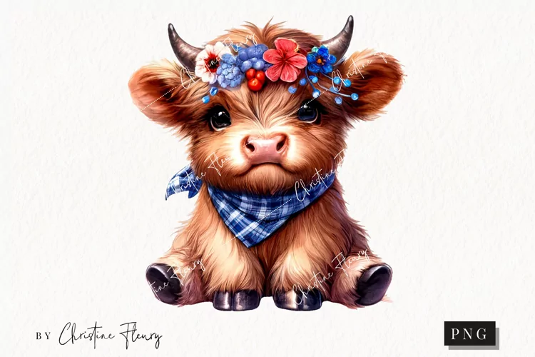 Watercolor Floral Highland Cow Clipart | 4th Of July PNG