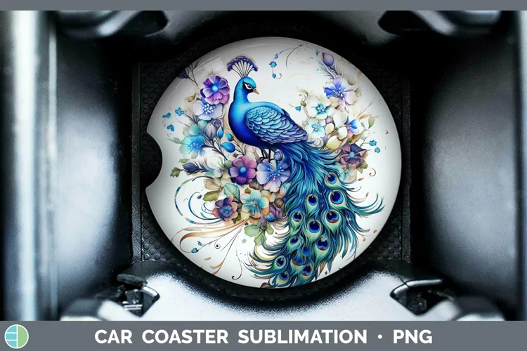 Watercolor Peacock Car Coaster | Sublimation Coaster Designs