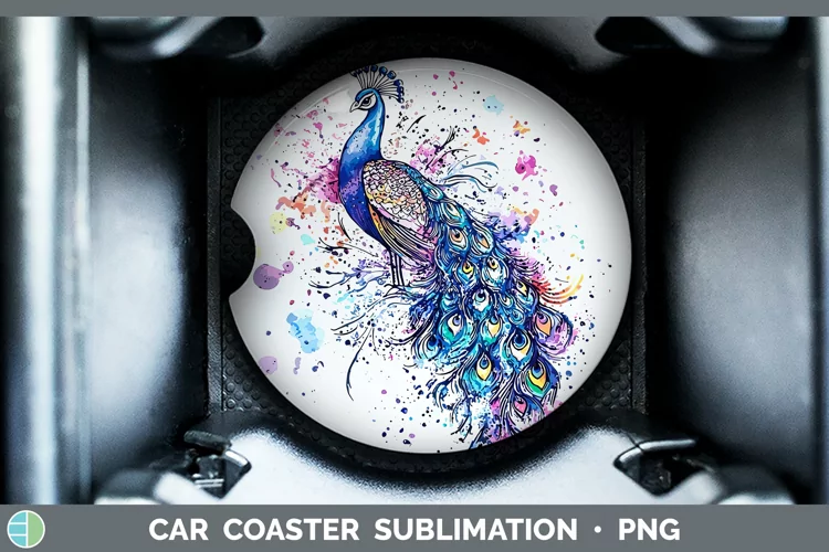Watercolor Peacock Car Coaster Sublimation Designs