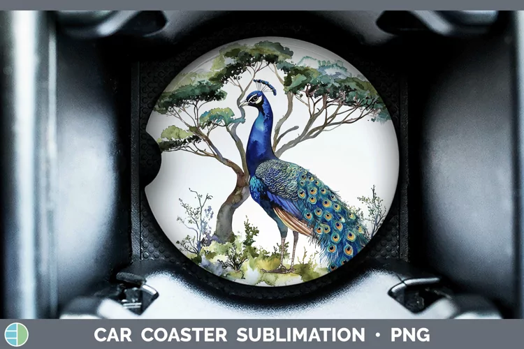 Watercolor Peacock Car Coaster Sublimation Designs