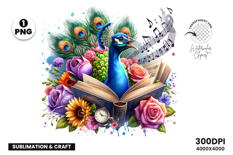 Watercolor Peacock Clipart PNG Sublimation Design