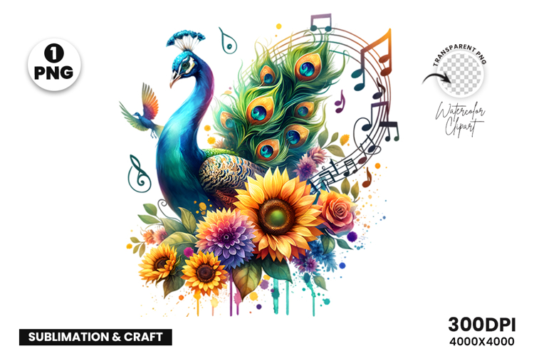 Watercolor Peacock Clipart PNG Sublimation Design