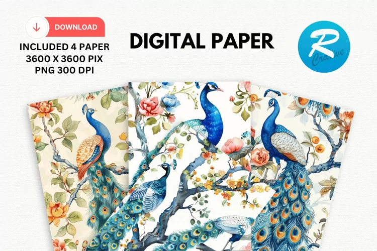 Watercolor Peacock Digital Paper, Peacock Background
