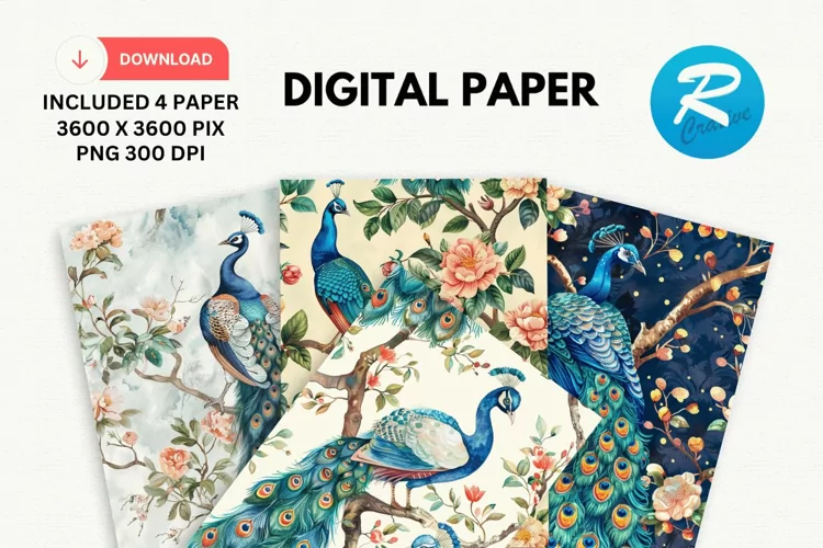 Watercolor Peacock Digital Paper, Peacock Background