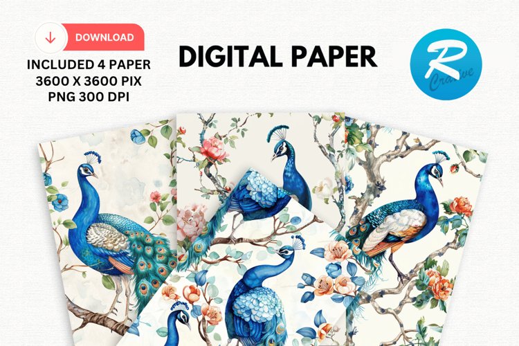 Watercolor Peacock Digital Paper, Peacock Background