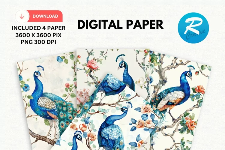 Watercolor Peacock Digital Paper, Peacock Background