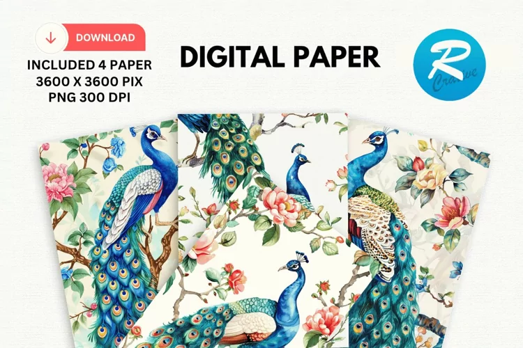 Watercolor Peacock Digital Paper, Peacock Background
