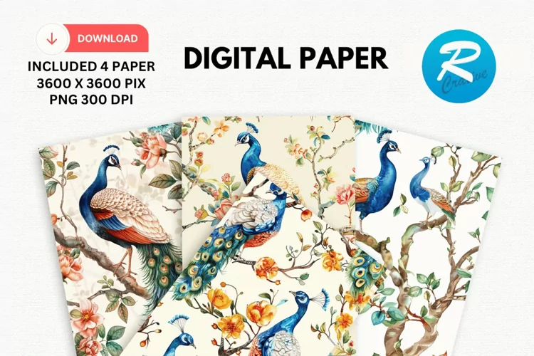 Watercolor Peacock Digital Paper, Peacock Background