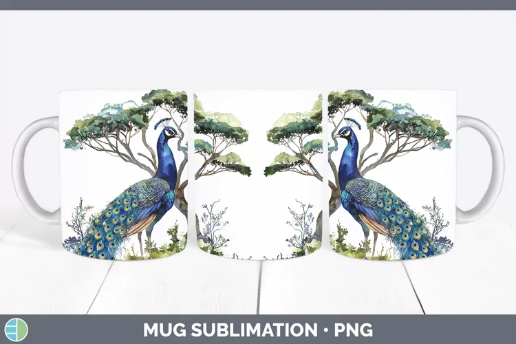 Watercolor Peacock Mug Wrap Sublimation Coffee Cup Designs