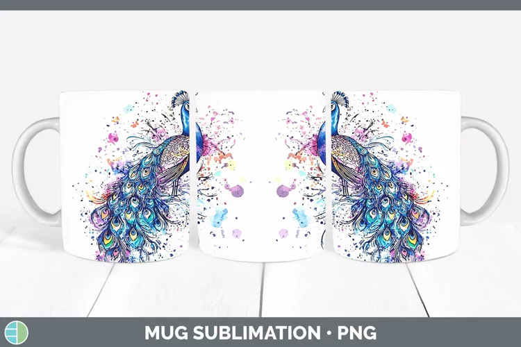 Watercolor Peacock Mug Wrap Sublimation Coffee Cup Designs