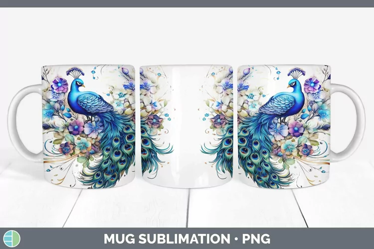 Watercolor Peacock Mug Wrap | Sublimation Coffee Cup Designs