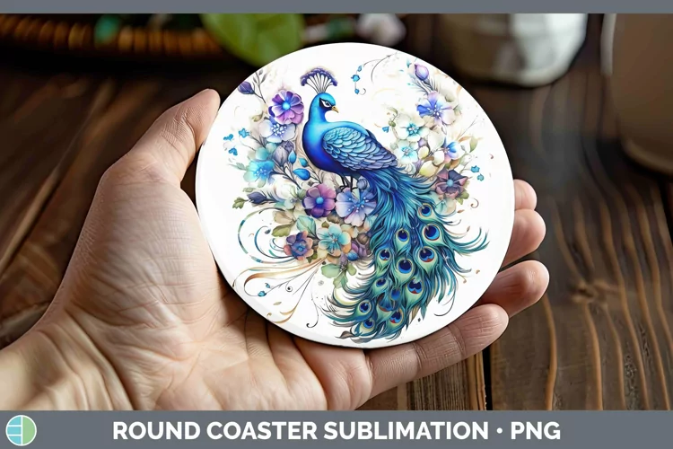 Watercolor Peacock Round Coaster | Sublimation Coaster Desig