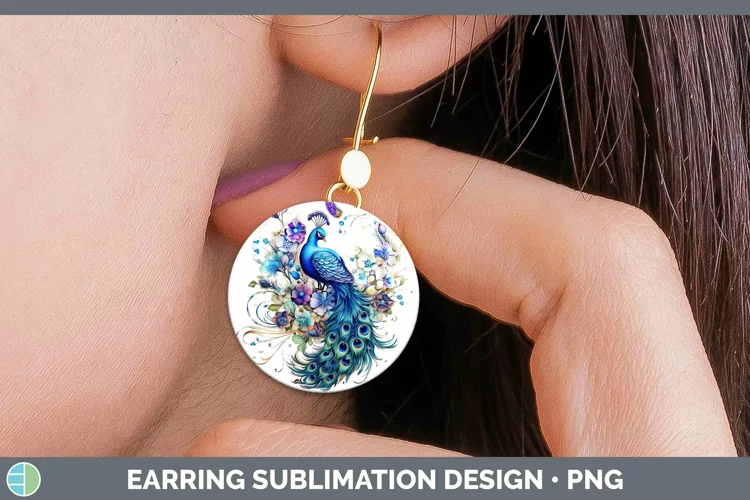 Watercolor Peacock Round Earrings | Sublimation Earrings Des