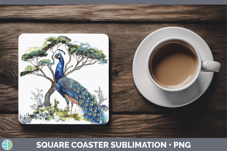 Square Shaped Pair of Peacock Design Engraved Coaster Set of 6