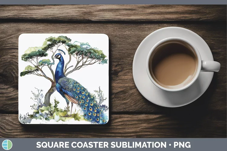 Watercolor Peacock Square Coaster Sublimation Coaster Design