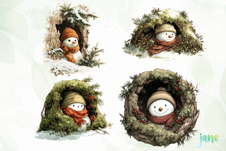 Watercolor Peeking Christmas Snowman