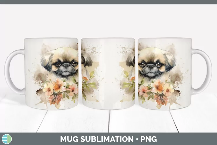 Watercolor Pekingese Dog Mug Wrap | Sublimation Coffee Cup D