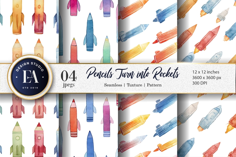 Rocket Pencils Watercolor Seamless Pattern Digital Paper