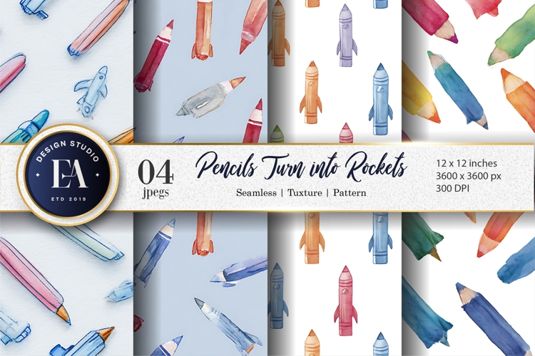 Rocket Pencils Watercolor Seamless Pattern Digital Paper