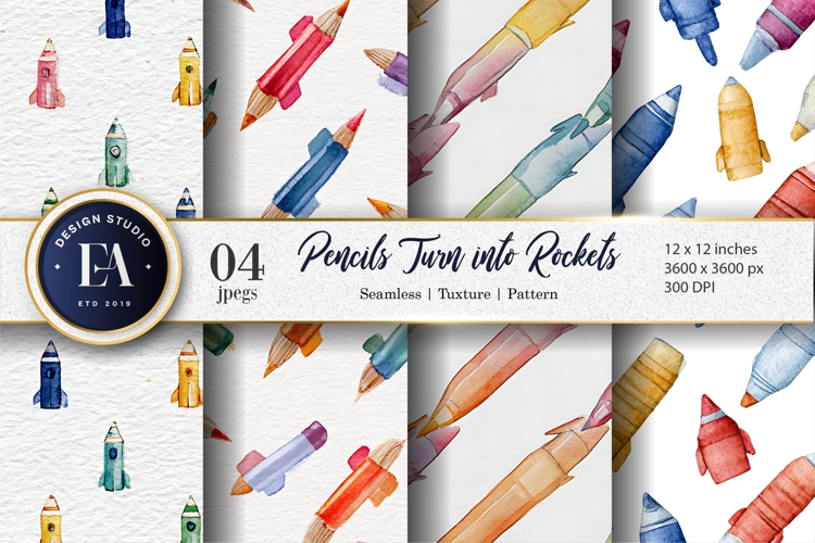 Watercolor Pencils Turning into Rockets Digital Paper