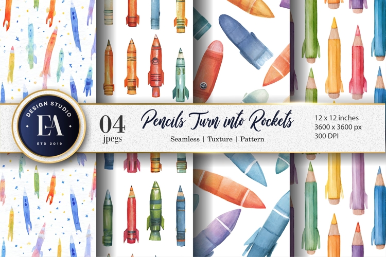 Hand-Painted Rocket Pencils Pattern Seamless Digital Paper