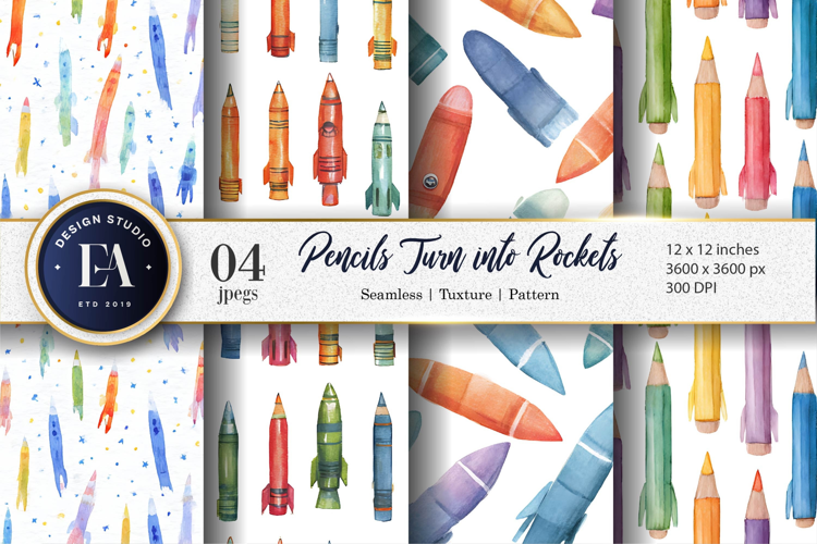 Hand-Painted Rocket Pencils Pattern Seamless Digital Paper