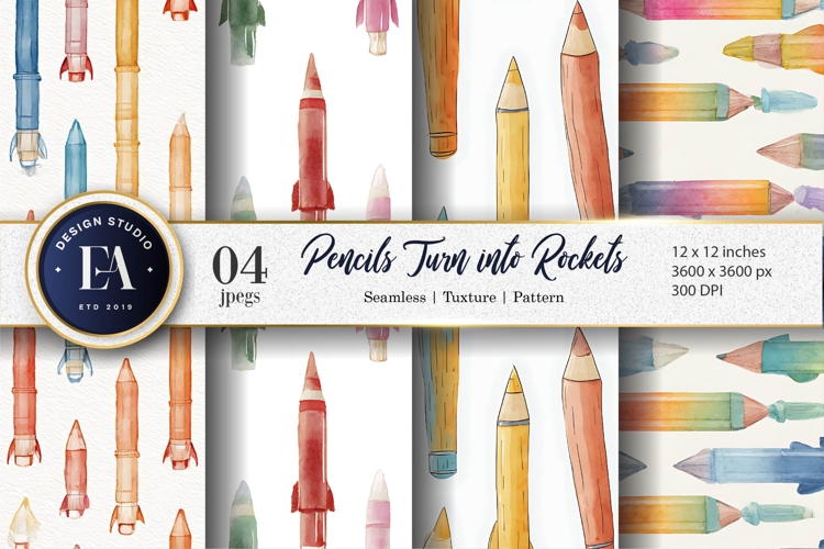 Rocket Pencils Watercolor Seamless Pattern Digital Paper