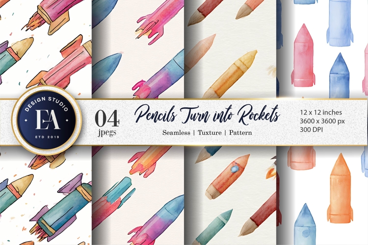 Watercolor Pencils Turning into Rockets Digital Paper