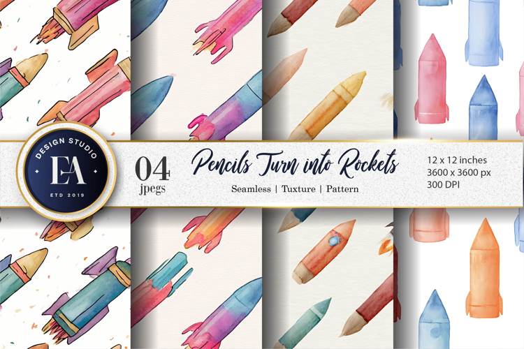 Watercolor Pencils Turning into Rockets Digital Paper