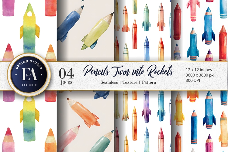 Hand-Painted Rocket Pencils Pattern Seamless Digital Paper