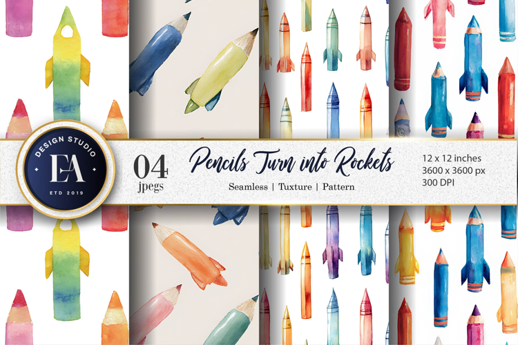 Hand-Painted Rocket Pencils Pattern Seamless Digital Paper