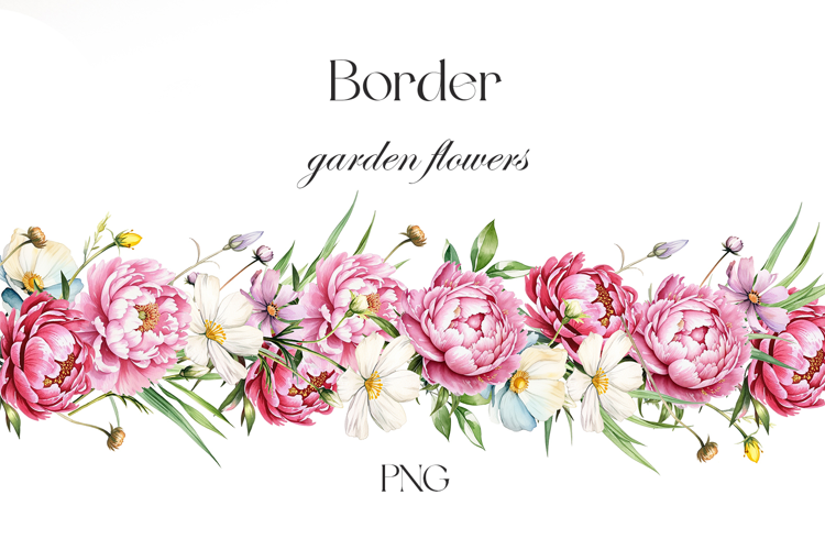 Watercolor peonies and garden flowers border