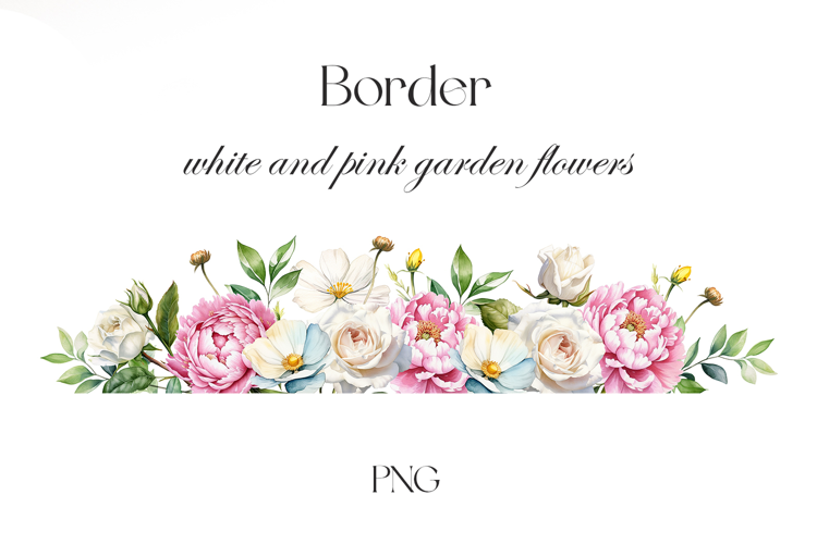 Watercolor peonies and wildflowers border. Garden flowers