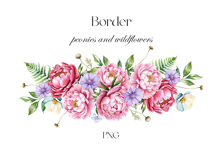 Watercolor peonies and wildflowers border. Garden flowers