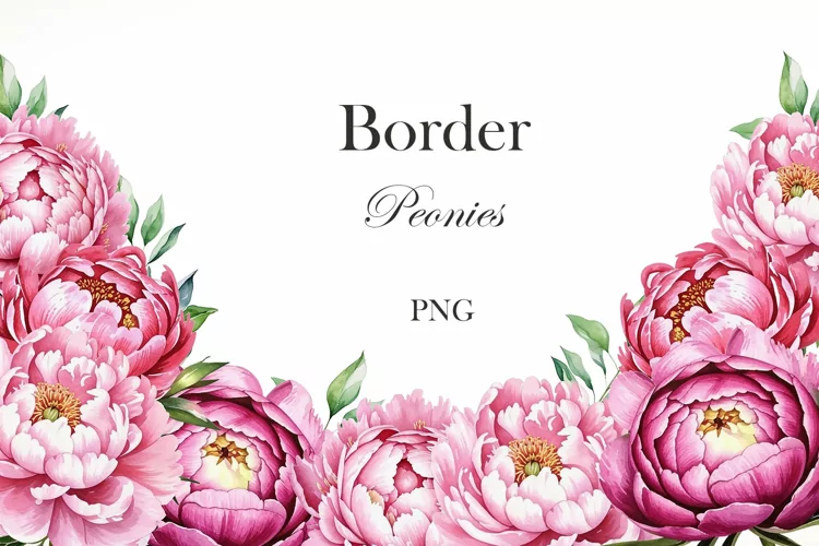 Watercolor peonies border. Garden flowers