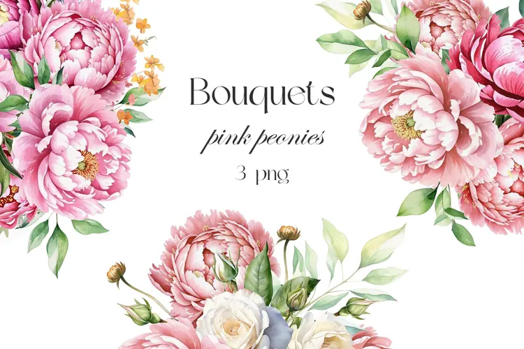 Watercolor peonies bouquet. Pink flowers