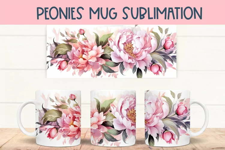 Watercolor peonies mug wrap PNG for Sublimation | Spring mug