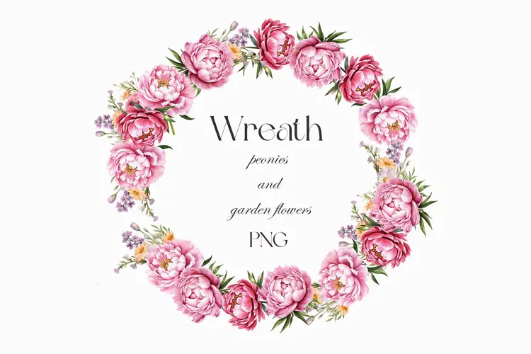 Watercolor peony wreath. Garden flowers