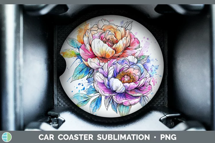 Watercolor Peony Car Coaster Sublimation Designs