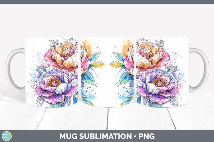 Watercolor Peony Mug Wrap Sublimation Coffee Cup Designs