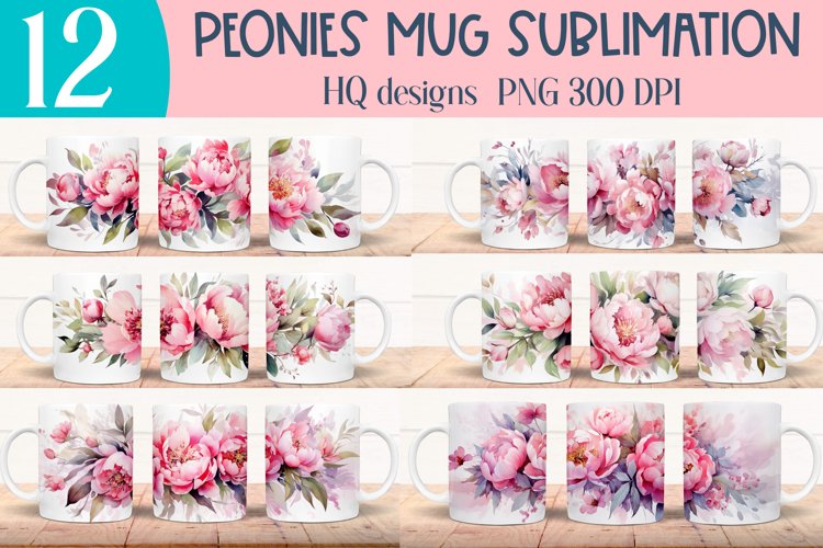 Watercolor peony mug wraps for Sublimation BUNDLE PNG