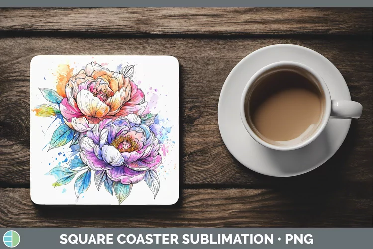 Watercolor Peony Square Coaster Sublimation Coaster Designs
