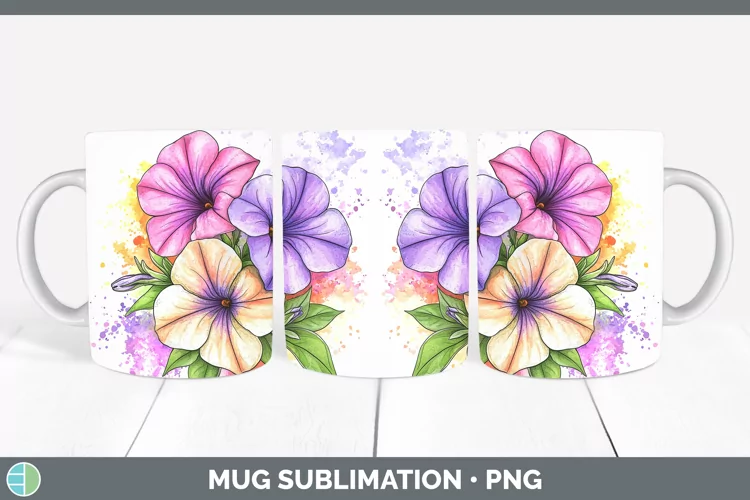 Watercolor Petunia Mug Wrap Sublimation Coffee Cup Designs