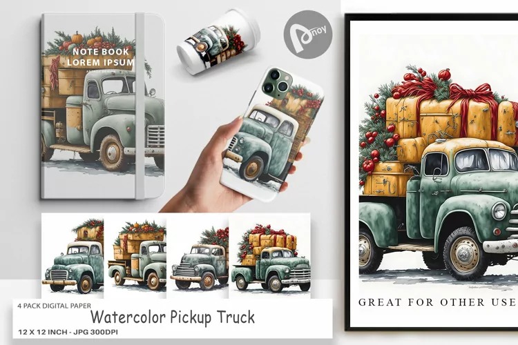 Digital Paper Watercolor Pickup Truck