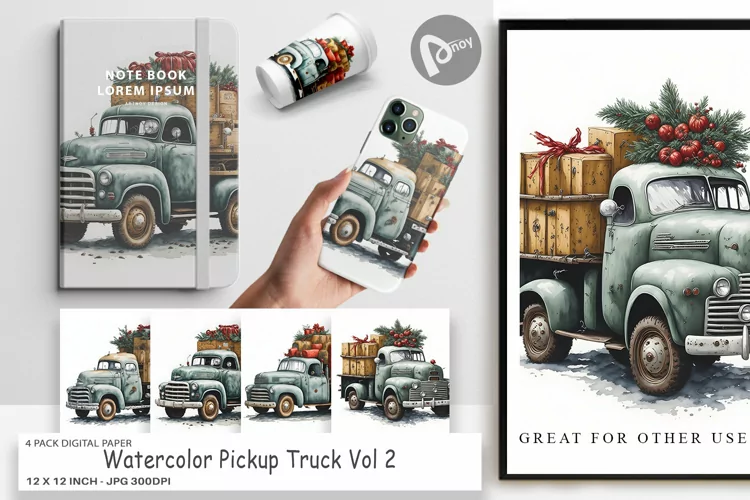 Digital Paper Watercolor Pickup Truck