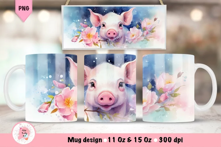 Watercolor Pigs Mug Wrap For 11 oz and 15 oz