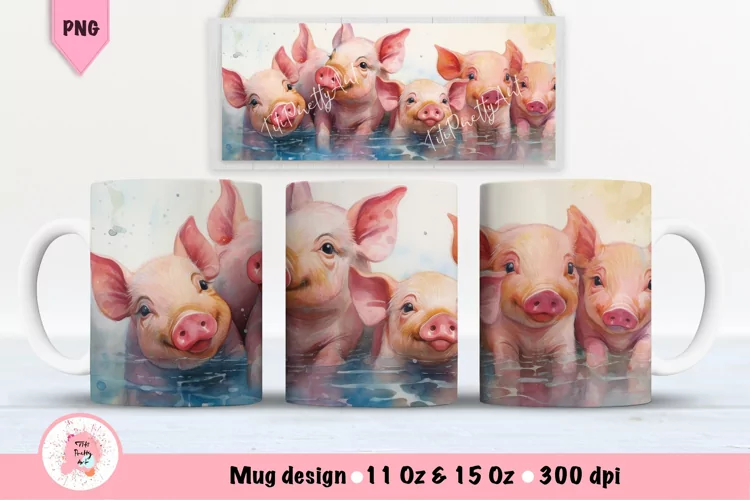 Watercolor Pigs Mug Wrap For 11 oz and 15 oz