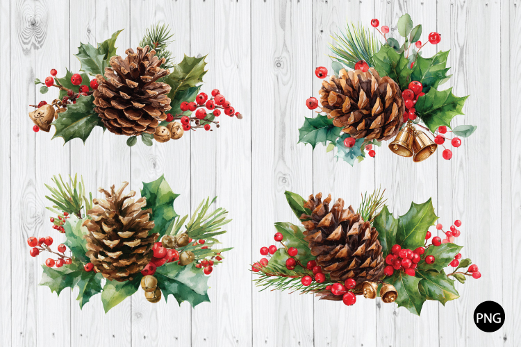 Watercolor Pinecone PNG, Christmas PNG, Elegant Wreath PNG