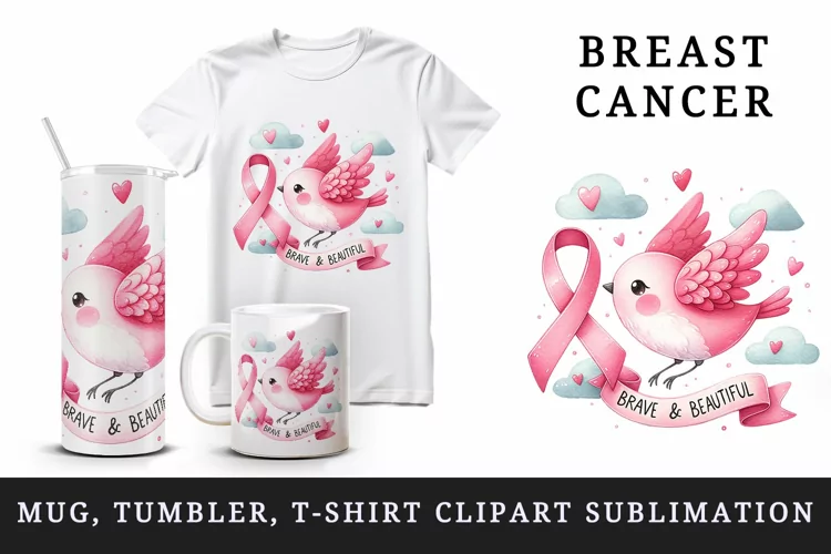 Breast cancer bird tumbler mug wrap, clipart sublimation png